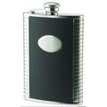 8 oz. Black Bonded Leather with Ribbed Sides and Centered Oval Plate Stainless Steel Flask